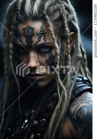Portrait of a female Viking warrior, female medieval Scandinavian seafaring mariner Swedish, Norwegian and Danish Vikings, attractive bold warlike beautiful courage bravery bravery outlaw . 113960289
