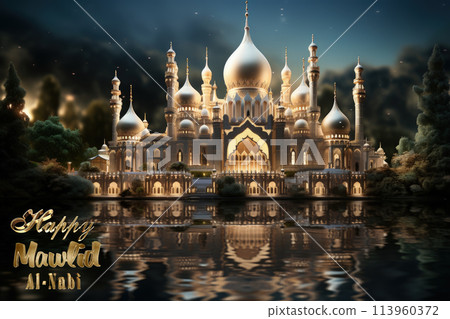 Happy mawlid al-nabi, The celebration of the birthday of the Prophet Muhammad, Rabi al-Awwal, Islam Sunnis and Shiites, Hamd, tasbih, public processions, naat. Postcard banner Greeting card. 113960372