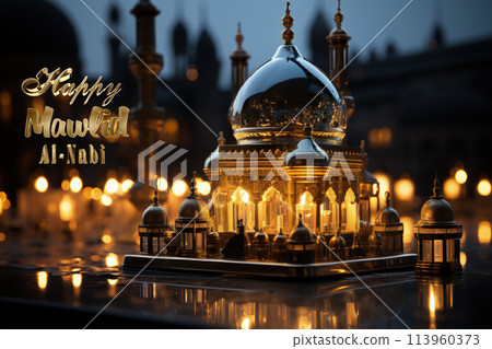 Happy mawlid al-nabi, The celebration of the birthday of the Prophet Muhammad, Rabi al-Awwal, Islam Sunnis and Shiites, Hamd, tasbih, public processions, naat. Postcard banner Greeting card. 113960373