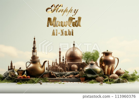 Happy mawlid al-nabi, The celebration of the birthday of the Prophet Muhammad, Rabi al-Awwal, Islam Sunnis and Shiites, Hamd, tasbih, public processions, naat. Postcard banner Greeting card. 113960376