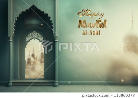 Happy mawlid al-nabi, The celebration of the birthday of the Prophet Muhammad, Rabi al-Awwal, Islam Sunnis and Shiites, Hamd, tasbih, public processions, naat. Postcard banner Greeting card. Happy mawlid al-nabi, The celebration of the birthday of the Prophet Muhammad, Rabi al-Awwal, Islam Sunnis and Shiites, Hamd, tasbih, public processions, naat. Postcard banner Greeting card. 113960377