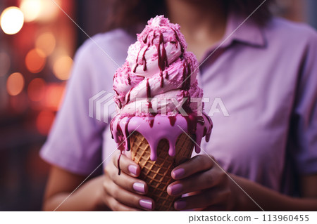Ice cream, a dessert foodstuff, an ancient delicacy. Food in heat and summer, candy and tasty, a refreshing dessert, sweet. Frozen dessert of fruit, cream of dairy products. 113960455