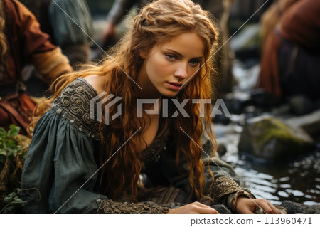 Portrait of a female Viking warrior, female medieval Scandinavian seafaring mariner Swedish, Norwegian and Danish Vikings, attractive bold warlike beautiful courage bravery bravery outlaw . Portrait of a female Viking warrior, female medieval Scandinavian seafaring mariner Swedish, Norwegian and Danish Vikings, attractive bold warlike beautiful courage bravery bravery outlaw . 113960471