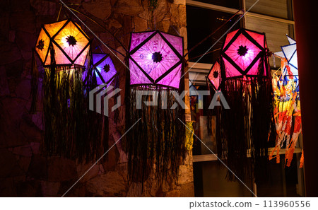 Traditional Atapattama Vesak lantern, Ocatagen shaped lantern symbolises eightfold path, Sri lankan vesak festival celebrations. 113960556