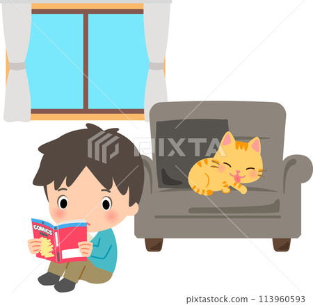 A man sitting on the floor because there is a cat on the sofa 113960593