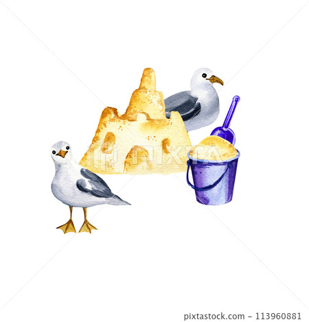 watercolor sand castle, blue baby sand bucket, dustpan and funny seabirds, summer illustration of vacation theme, beach children toys and play, white background for rest blogs and card 113960881