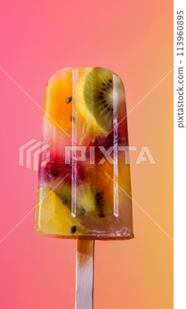 Fresh fruit-filled popsicle on pink and yellow background 113960895