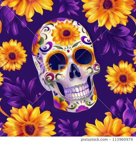 Seamless pattern for the day of the dead. Skull and marigolds on a purple background. Mexico. AI-generated content. 113960979