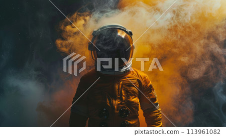 Astronaut in Space Suit Standing in Yellow Smoke 113961082