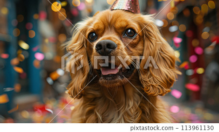 Dog wearing party hat 113961130
