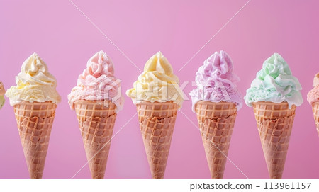 Row of ice cream cones on pink background 113961157