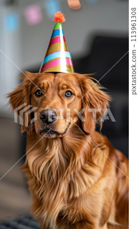 Golden retriever wearing a party hat 113961308