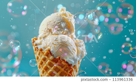 Vanilla bubble ice cream with bubbles in waffles cone on blue background 113961336