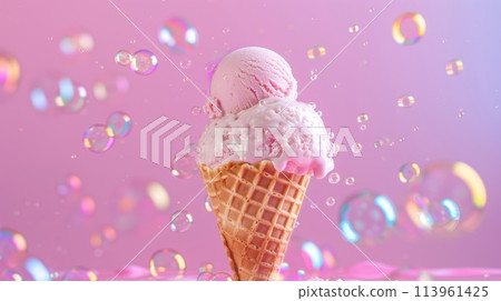 Melting Strawberry Ice Cream Cone with Soap Bubbles 113961425