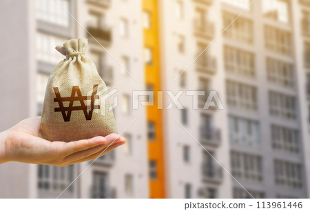 South korean won bag against the background of modern high-rise buildings. Investing in the purchase of real estate. Affordable housing and mortgage rates. Renting apartments and houses. Blurred 113961446