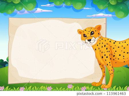 Cheerful Cheetah with Blank Sign Outdoors Cheerful Cheetah with Blank Sign Outdoors 113961463