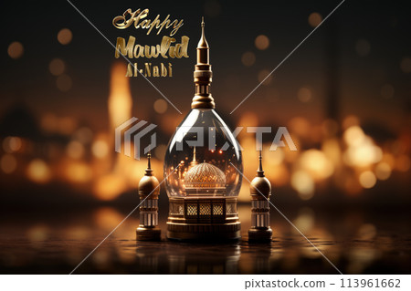 Happy mawlid al-nabi, The celebration of the birthday of the Prophet Muhammad, Rabi al-Awwal, Islam Sunnis and Shiites, Hamd, tasbih, public processions, naat. Postcard banner Greeting card. 113961662