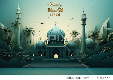 Happy mawlid al-nabi, The celebration of the birthday of the Prophet Muhammad, Rabi al-Awwal, Islam Sunnis and Shiites, Hamd, tasbih, public processions, naat. Postcard banner Greeting card. 113961668
