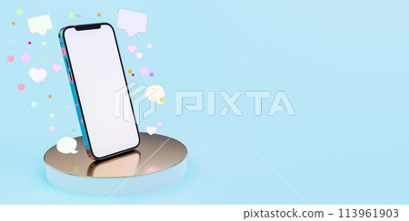Speech bubbles icons levitating over smartphone with blank screen 113961903