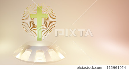 Holy cross near luminous stand with decorative elements against brown backdrop 113961954