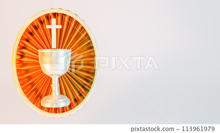 Holy Grail and cross placed on designed frame against white backdrop Holy Grail and cross placed on designed frame against white backdrop 113961979