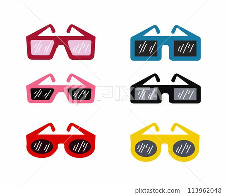 Sunglasses set vector illustration. Different shapes and colors. Isolated on white background. Sunglasses set vector illustration. Different shapes and colors. Isolated on white background. 113962048