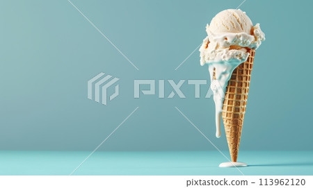 A Scoop of Ice Cream in Waffle Cone on a Blue Background 113962120