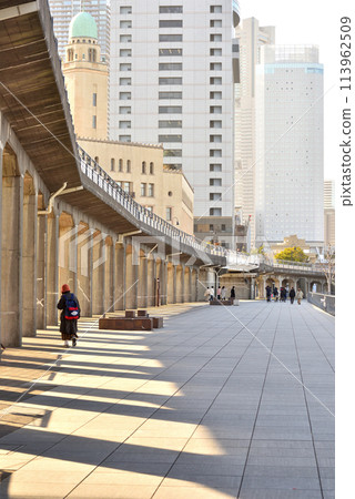 雕像鼻子露台長廊下女人的後視圖 113962509