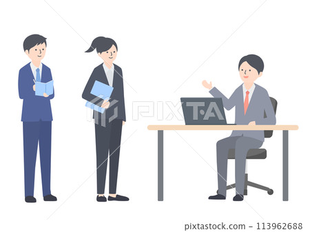 A boss giving work instructions and a subordinate listening to the instructions A boss giving work instructions and a subordinate listening to the instructions 113962688