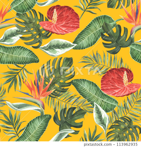 Anthurium and strelitzia seamless pattern. Large red, orange, pink, flowers and green leaves white background. Square design fabric, wallpaper, scrapbook, wrap, invitation cards. yellow background Anthurium and strelitzia seamless pattern. Large red, orange, pink, flowers and green leaves white background. Square design fabric, wallpaper, scrapbook, wrap, invitation cards. yellow background 113962935