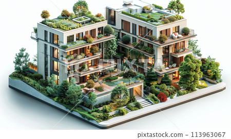 3d render of condominium with garden. Isometric concept. 3d render of condominium with garden. Isometric concept. 113963067