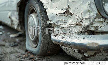 white bumper car scratched with deep damage 113963118