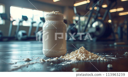closeup whey protein on the table at blur gym background 113963239