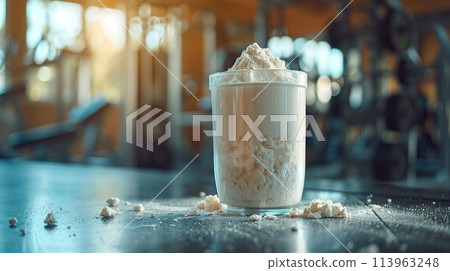 closeup whey protein on the table at blur gym background closeup whey protein on the table at blur gym background 113963248