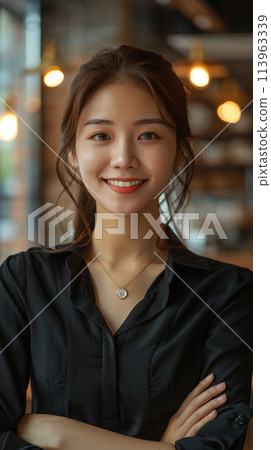 Happy young Asian saleswoman looking at camera Happy young Asian saleswoman looking at camera 113963339