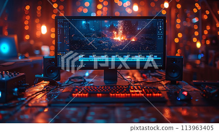 video editng sotware on a computer screen in the room. 113963405