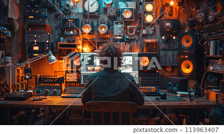 A man video editng sotware on a computer screen in the room. Back view. 113963407