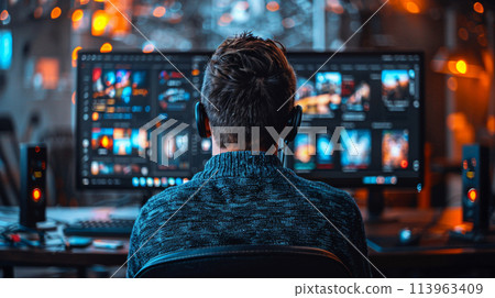 A man video editng sotware on a computer screen in the room. Back view. 113963409