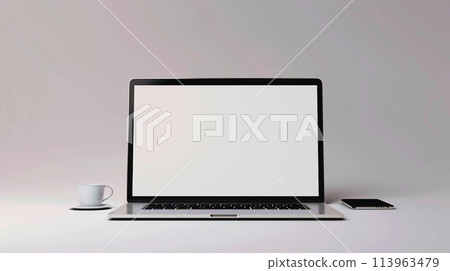 Blank screen laptop computer with opened lid on table on white background. Blank screen laptop computer with opened lid on table on white background. 113963479