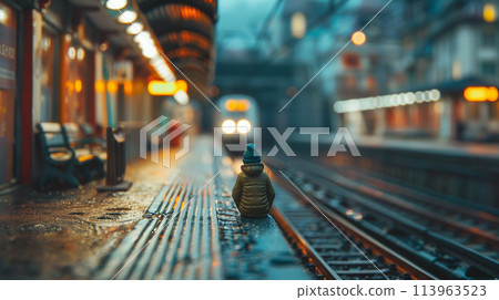 Miniature people. A traveler sitting at train station 113963523