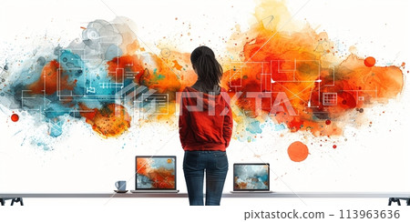illustration for graphic designer website header on a white background in bright colors geometric shapes. Optimistic, energetic, positive mood. features technology, ideas, human thinking 113963636