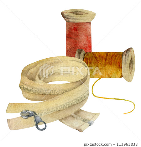 Hand drawn watercolor illustration sewing craft supplies. Wooden thread spools bobbins, clothes zipper. Composition isolated on white background. Design atelier, tailor, hobby shop, fashion boutique 113963838