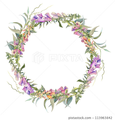 Hand drawn watercolor illustration shabby boho botanical flowers leaves. Willow eucalyptus branch, foxglove snapdragon lupin. Wreath frame isolated on white background. Design wedding, love cards 113963842