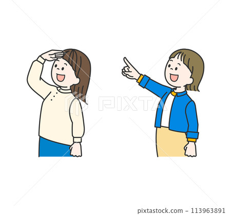 Woman looking up, woman pointing, illustration set 113963891
