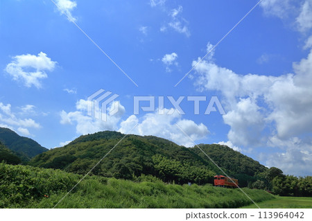 Yamaguchi Line: A tarako-colored Kiha 40 diesel car leaves Chomonkyo Station and heads down an embankment. 113964042