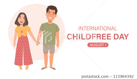 International Childfree Day banner. Happy young married couple without children. Childfree ideology. Voluntary childlessness. Illustration 113964392