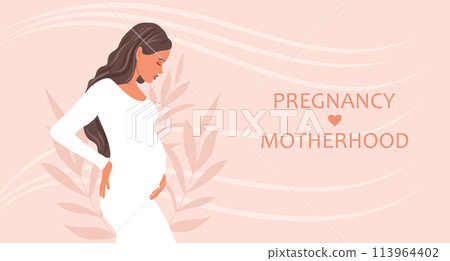 Beautiful pregnant woman, expectant mother hugs her belly with her hands. Banner about pregnancy and motherhood. Vector illustration. 113964402