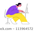 Vector illustration of an woman working at computer. Deep concentration and focus girl on the job task. Image is perfect for projects related to the work environment, concentration, and productivity 113964572