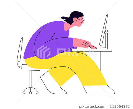 Vector illustration of an woman working at computer. Deep concentration and focus girl on the job task. Image is perfect for projects related to the work environment, concentration, and productivity Vector illustration of an woman working at computer. Deep concentration and focus girl on the job task. Image is perfect for projects related to the work environment, concentration, and productivity 113964572