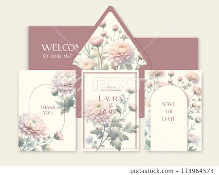 Luxury wedding invitation card background with watercolor Chrysanthemum flowers and botanical leaves. Luxury wedding invitation card background with watercolor Chrysanthemum flowers and botanical leaves. 113964573